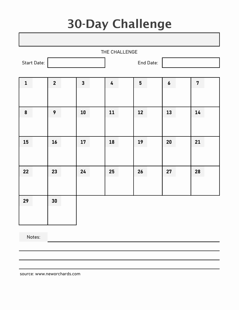 Printable 30-Day Challenge Template in Excel (With Pre-Filled Days)