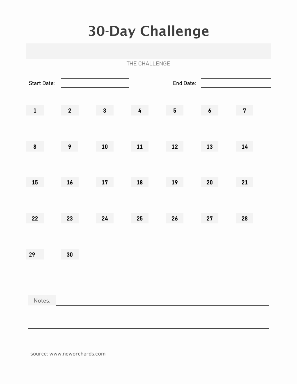 Printable 30-Day Challenge Template in Word (With Pre-Filled Days)