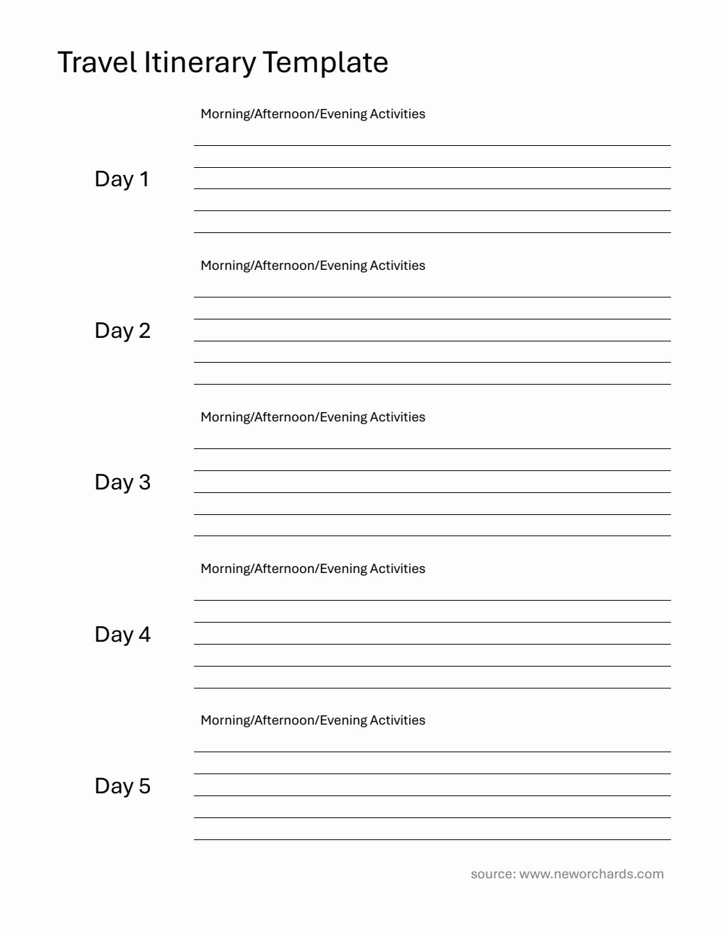 5-Day Travel Itinerary Template (Printable in PDF)