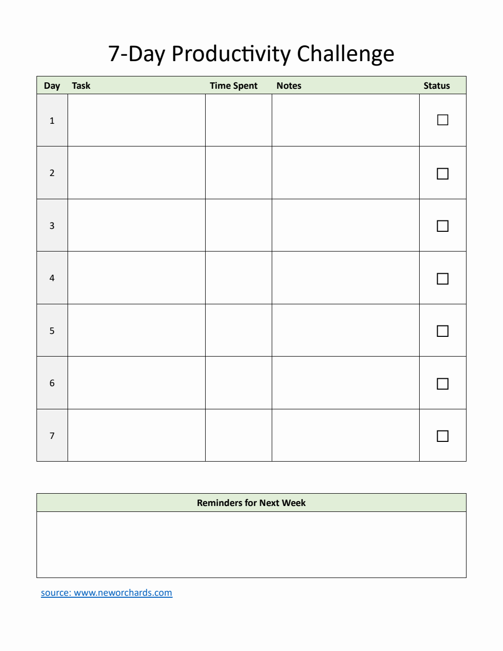 Printable 7-Day Productivity Challenge Template (Word)