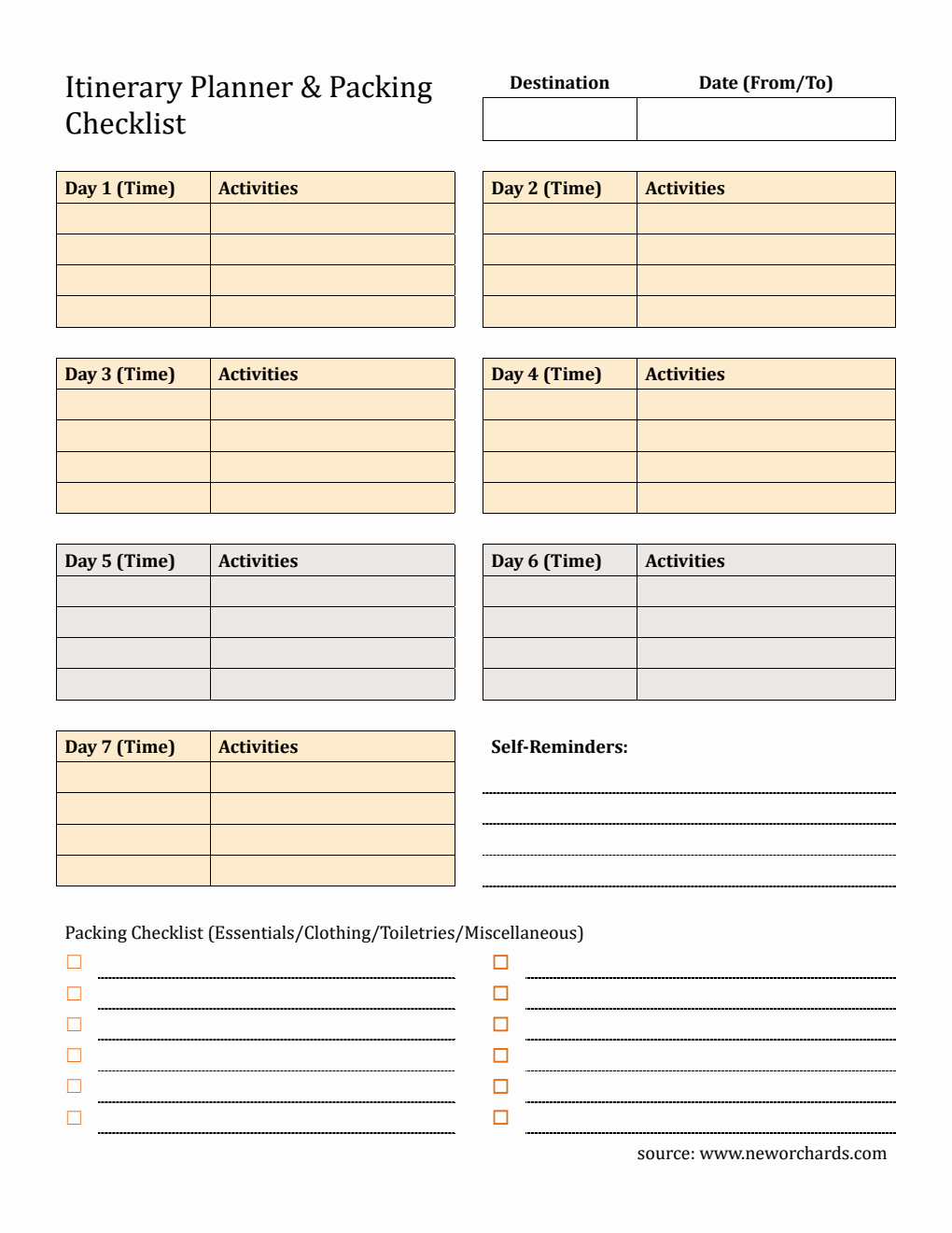 Free Customizable 7-Day Travel Itinerary Template  in PDF Format
