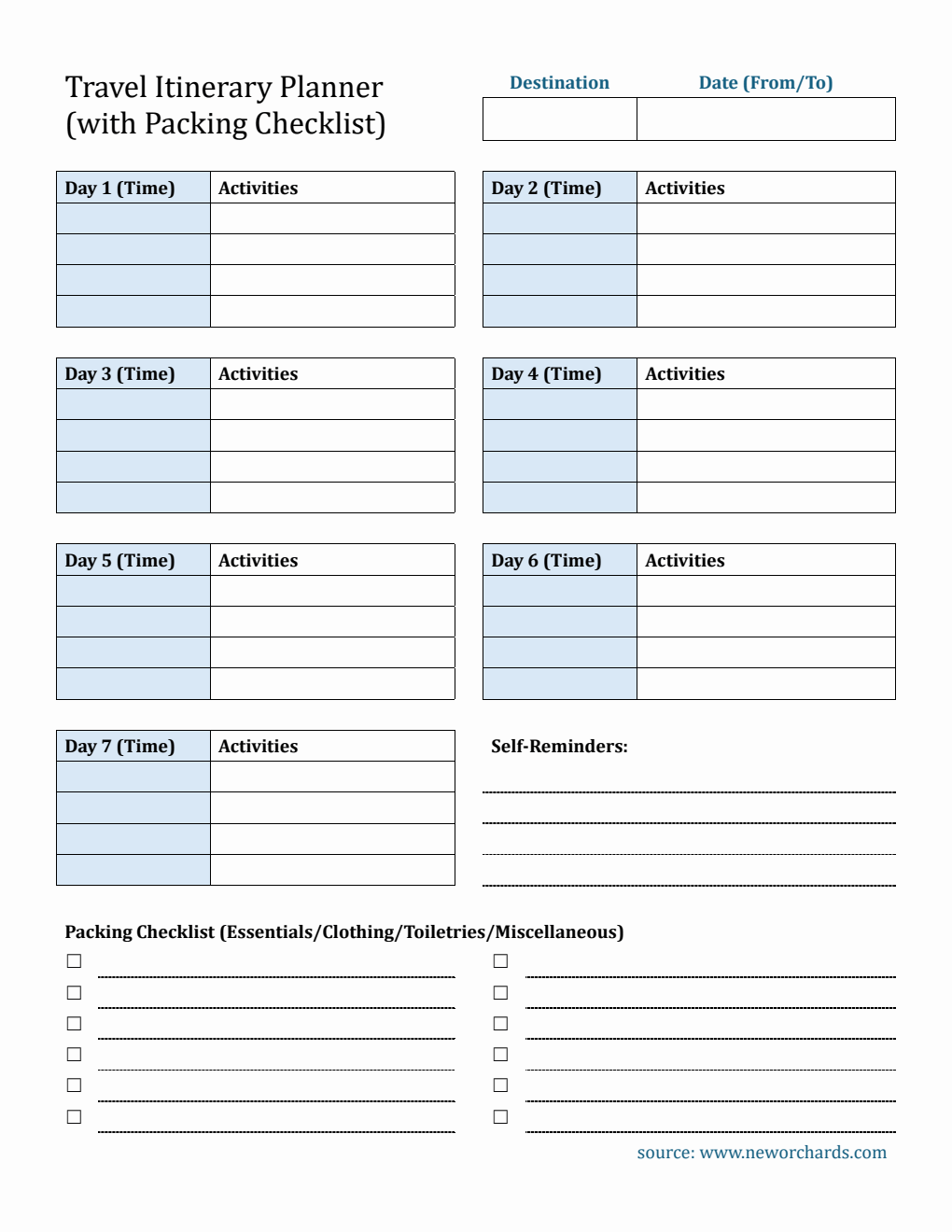 Free  7-Day Travel Itinerary Template  in PDF Format