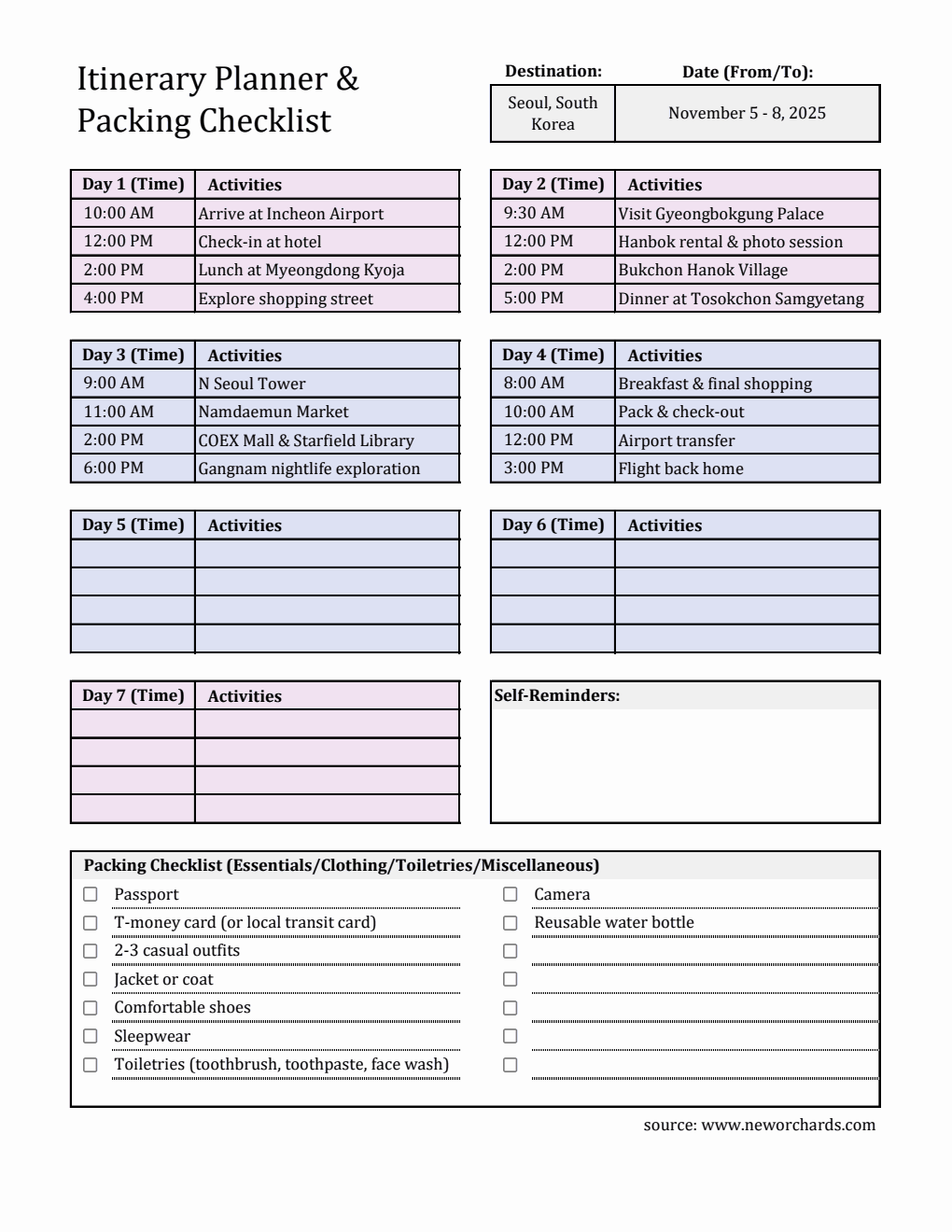 Free Customizable 7-Day Travel Itinerary Template  in Excel Format