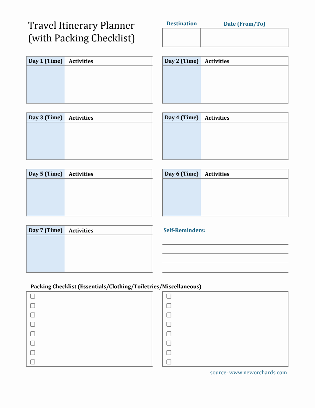 Free  7-Day Travel Itinerary Template  in Excel Format