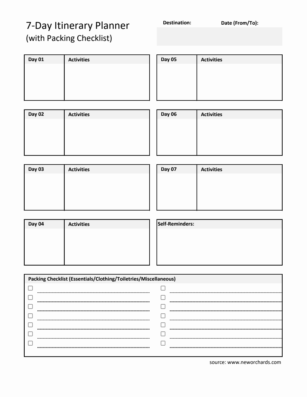 Free Printable 7-Day Travel Itinerary Template  in Excel Format