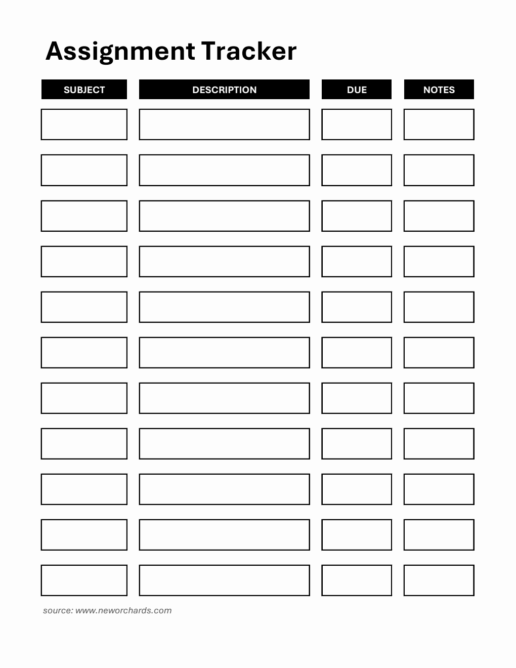 Assignment Tracker Template - Excel (Bordered)