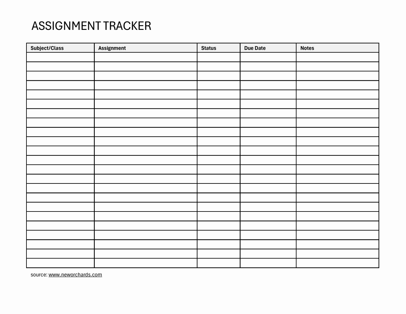 Free Printable Assignment Tracker (Excel)