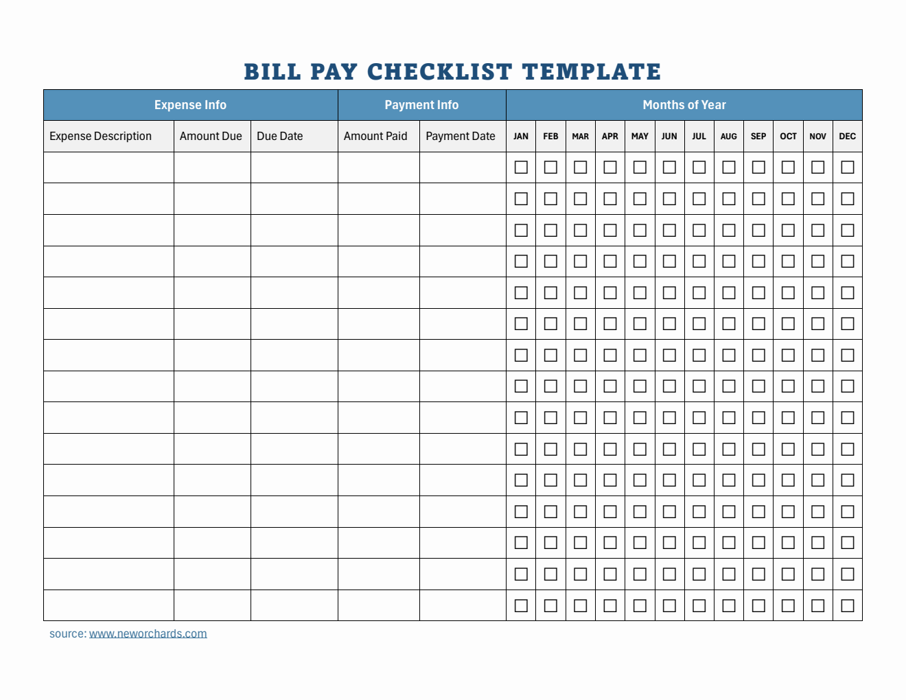 Printable Bill Pay Checklist Template in PDF