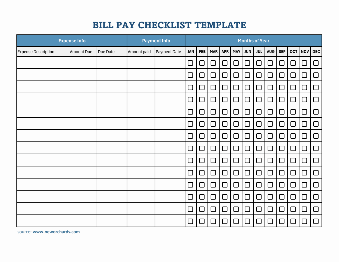 Printable Bill Pay Checklist Template in Excel
