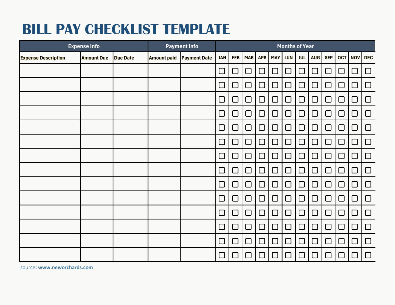 Editable Bill Pay Checklist Template in Excel