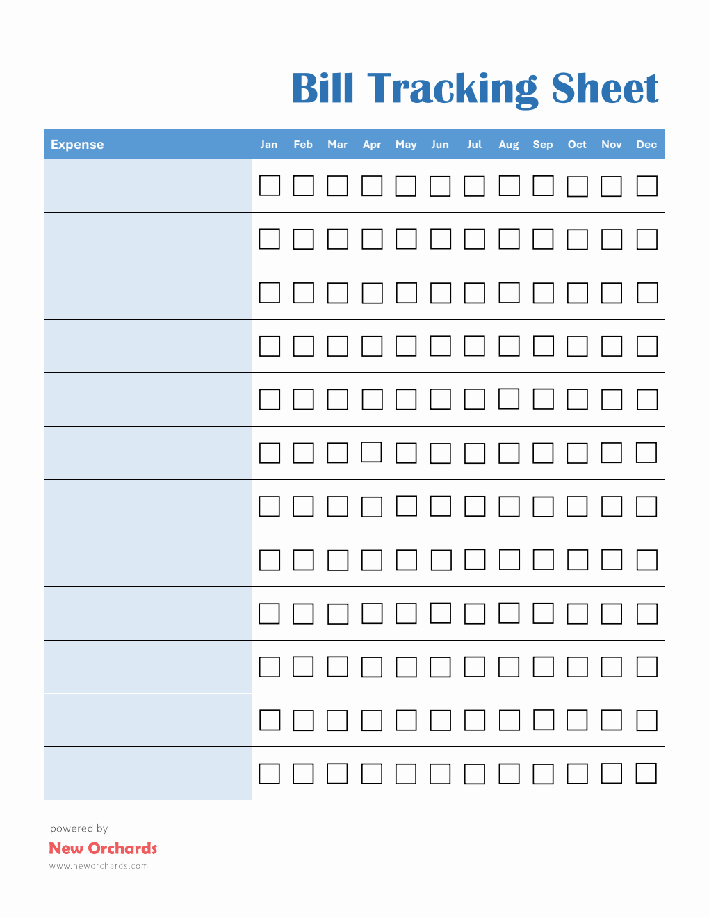 Free Bill Pay Tracker PDF - Portrait Layout (Blue)