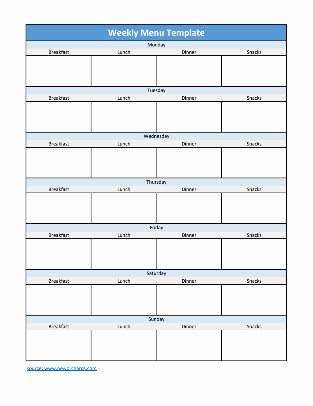 Weekly Menu Template | Free Download in Excel (Blue)