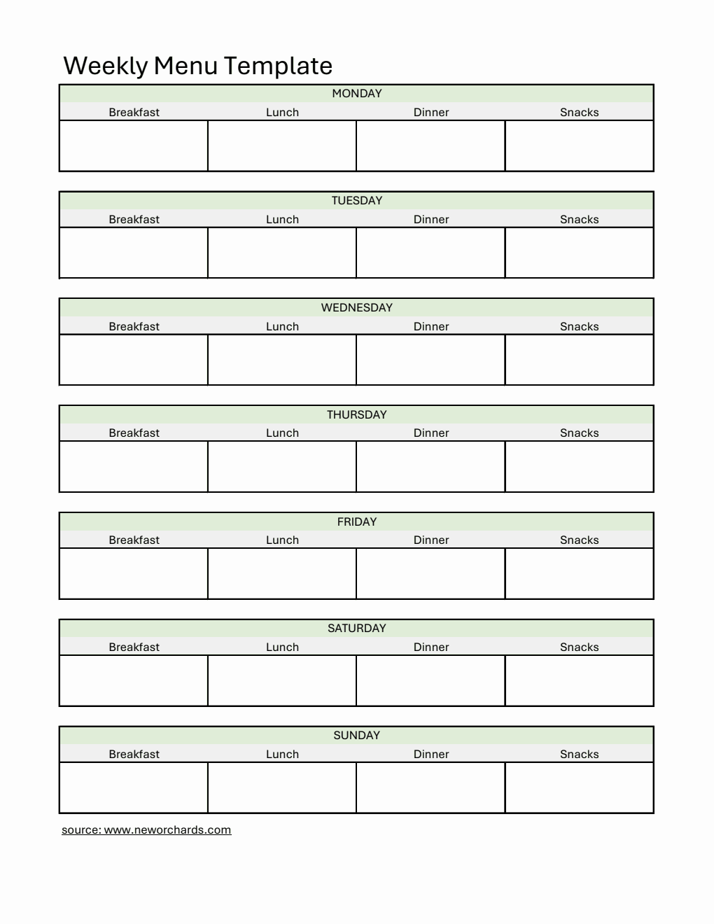 Weekly Menu Template | Free Download in Excel (Green)