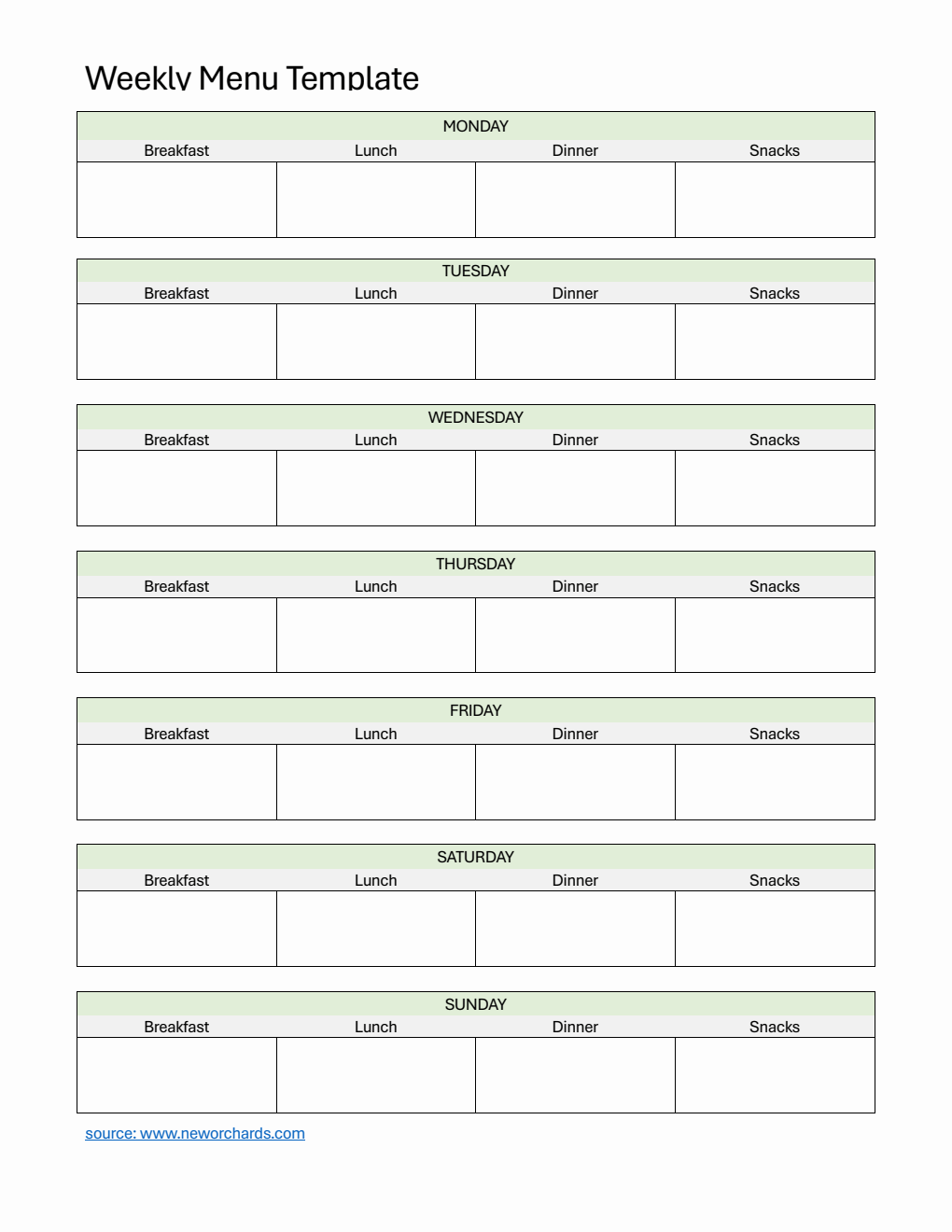 Weekly Menu Template | Free Download in PDF (Green)