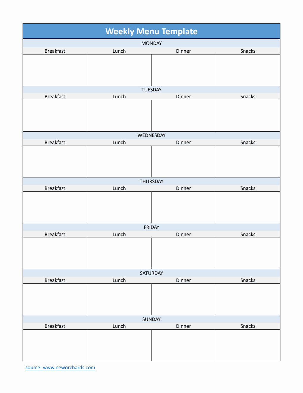 Weekly Menu Template | Free Download in PDF (Blue)
