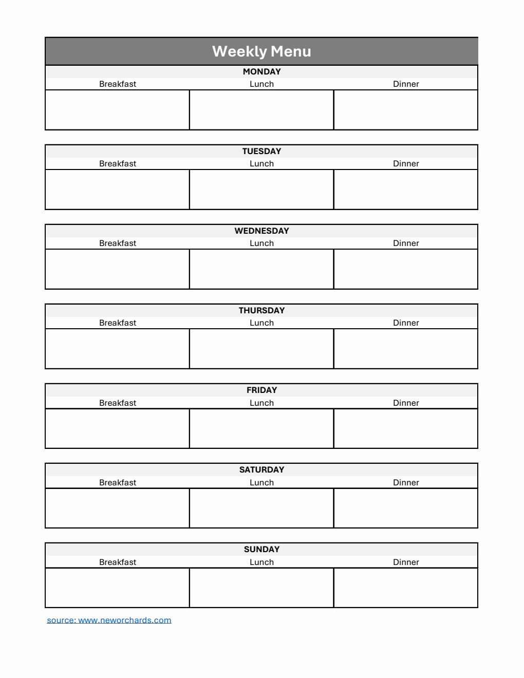 Weekly Menu Template | Free Download in Excel (Basic)