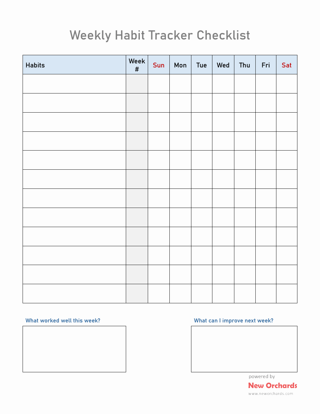 Weekly Habit Tracker Checklist in PDF Format