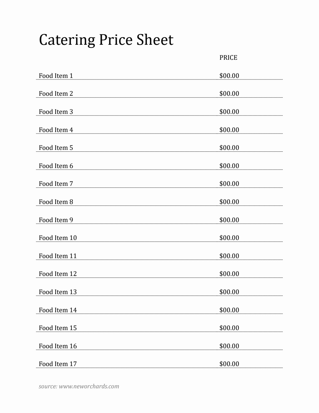 Printable Catering Price Template Word