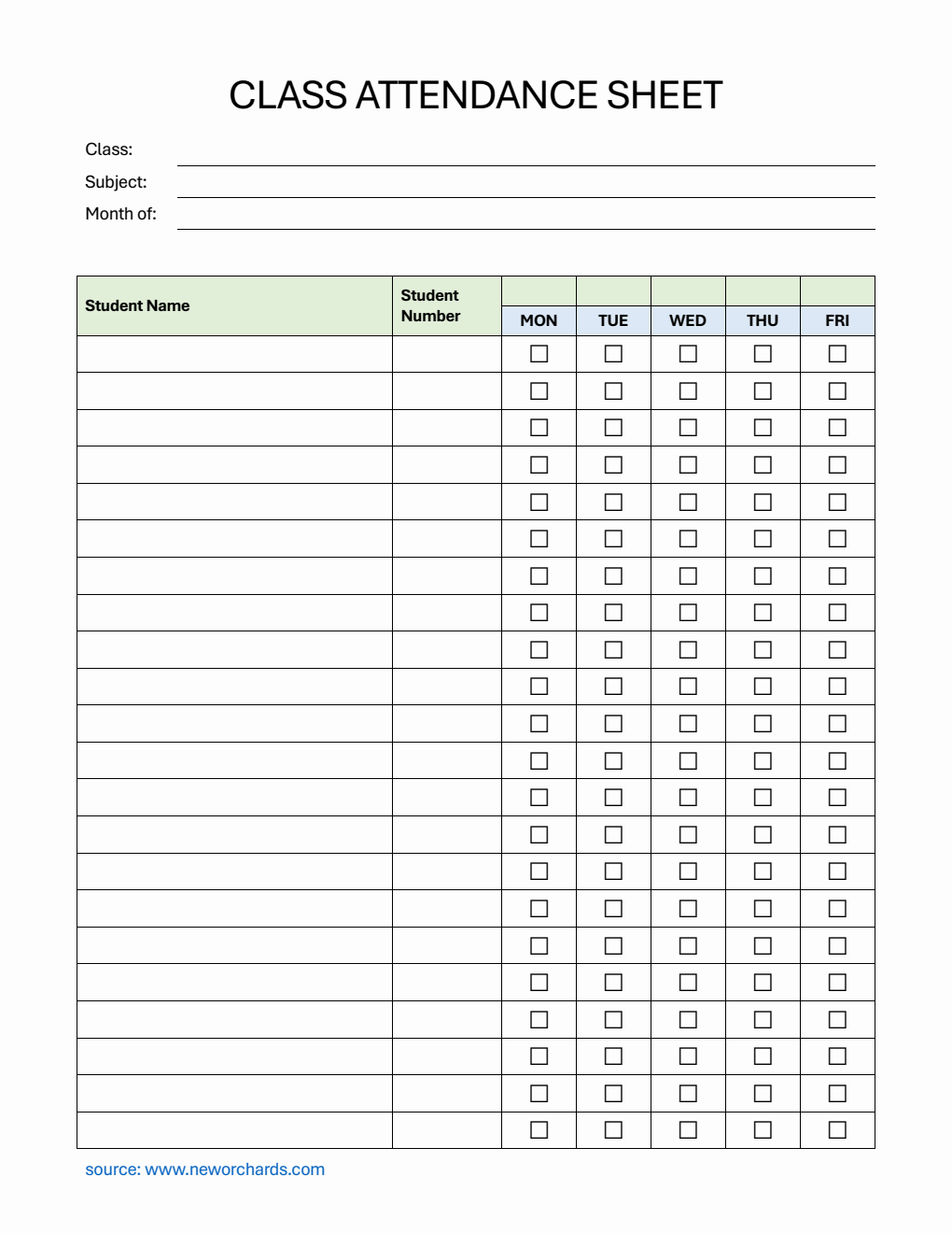 Class Attendance Sheet with Student Number in PDF