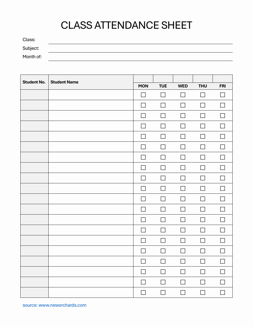 Printable Class Attendance Sheet with Student Number in Word