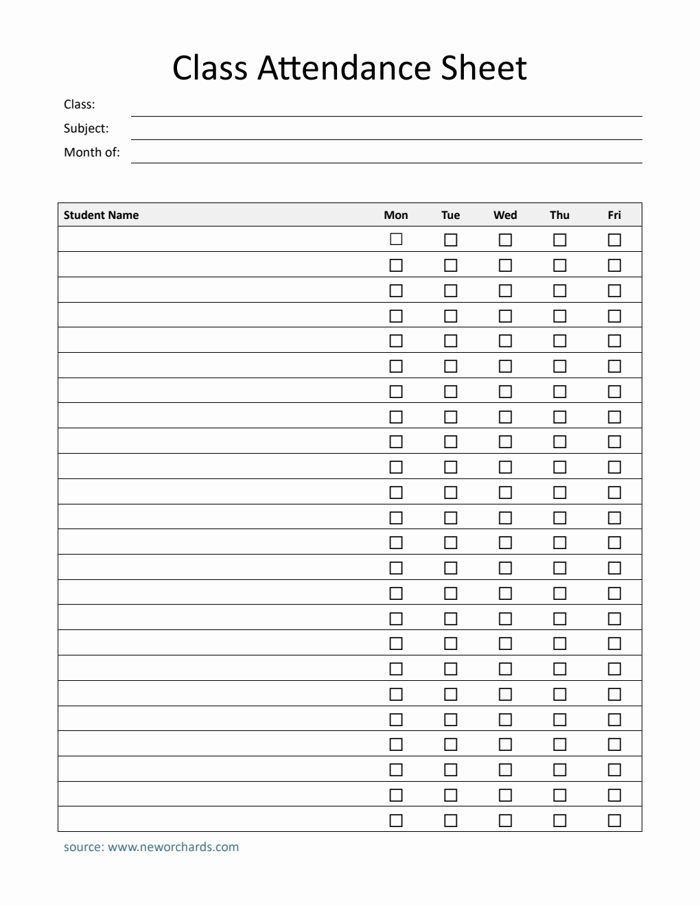 Printable Weekly Class Attendance Sheet | Free Download in PDF