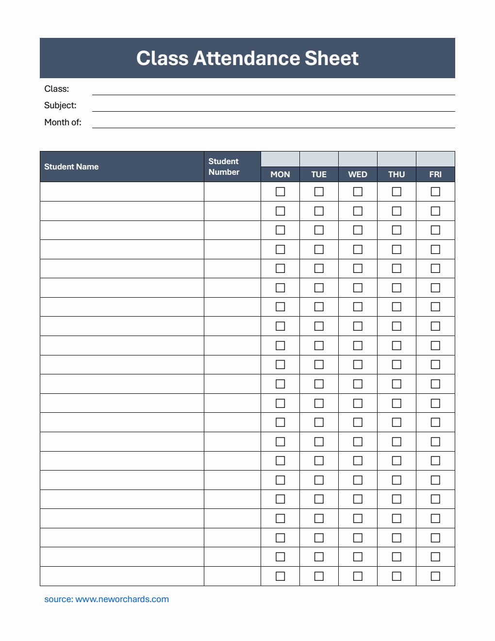 Customizable Class Attendance Sheet with Student Number in Word