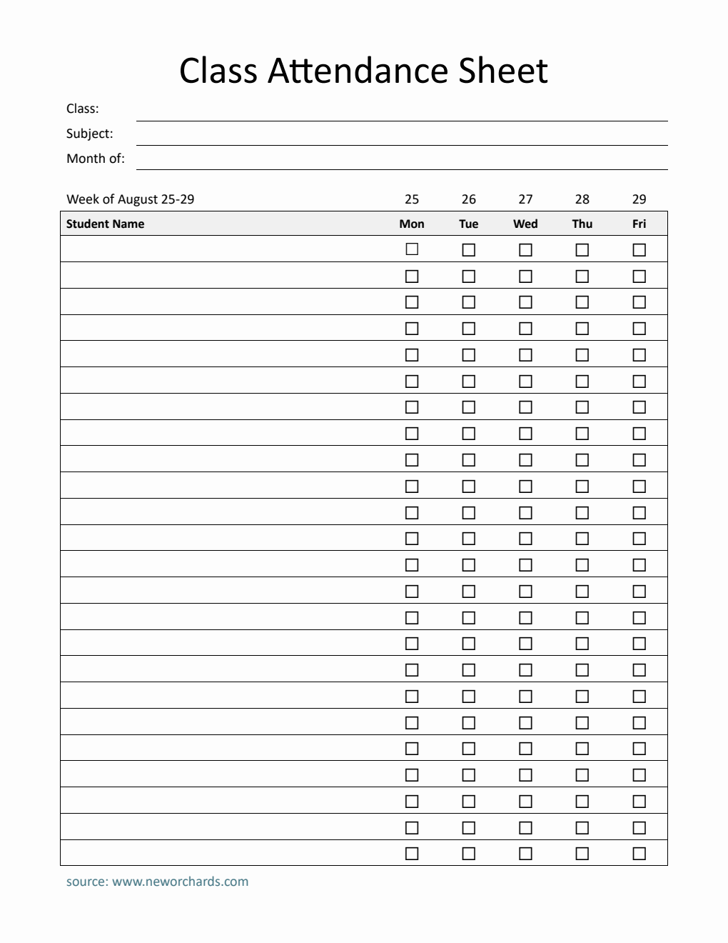 Printable Weekly Class Attendance Sheet | Free Download in Word