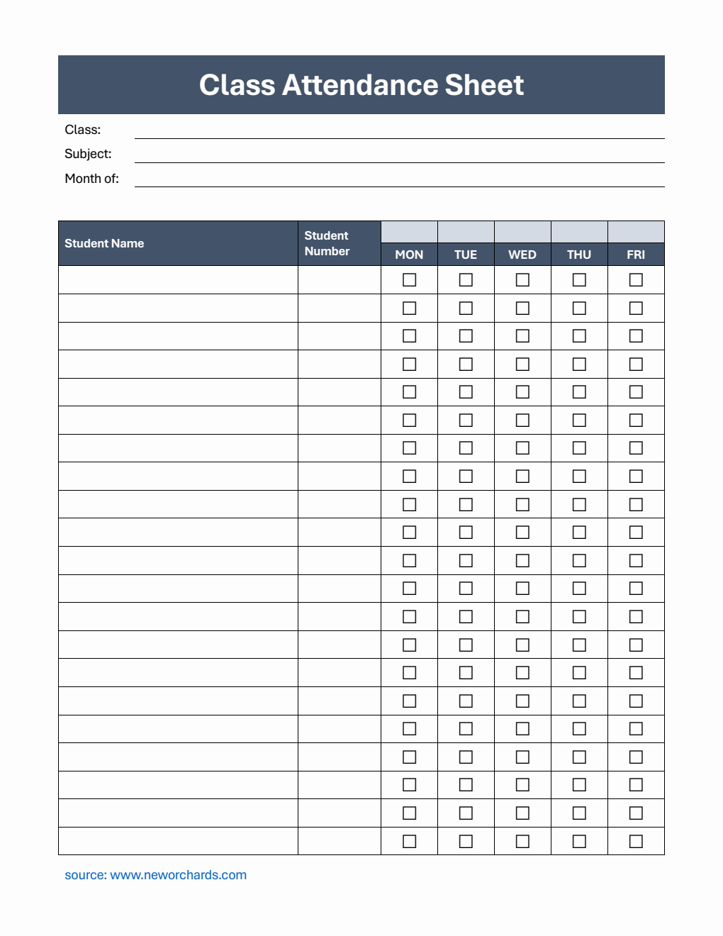 Customizable Class Attendance Sheet with Student Number in PDF