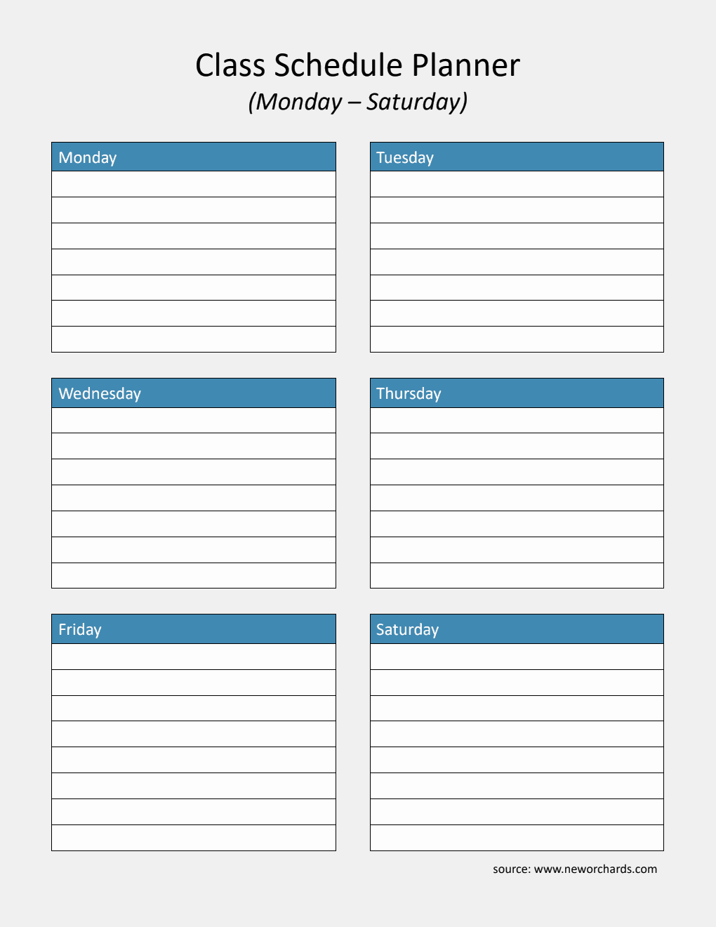 PDF Class Schedule Planner (Monday–Saturday) | Editable Weekly Organizer