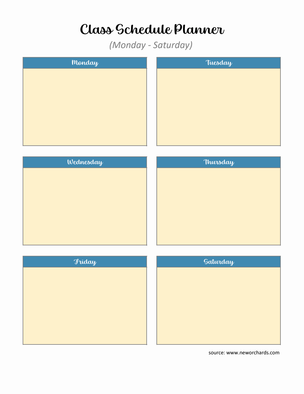 Excel Class Schedule Planner (Monday–Saturday) | Blank Weekly Organizer