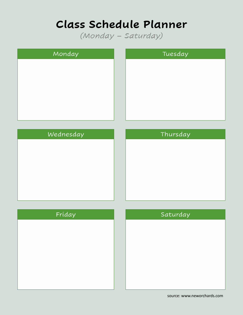 PDF Class Schedule Planner (Monday–Saturday) | Blank Weekly Organizer