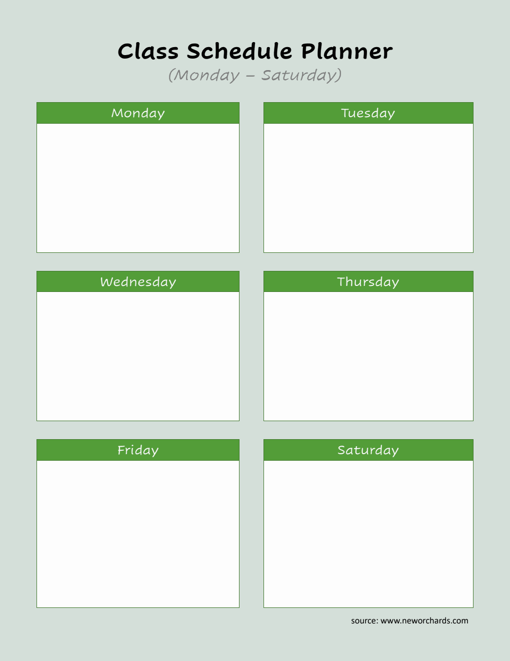 Word Class Schedule Planner (Monday–Saturday) | Blank Weekly Organizer
