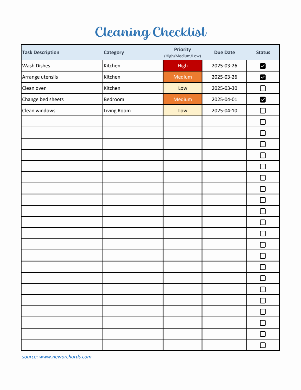 Editable Cleaning Checklist Template Excel