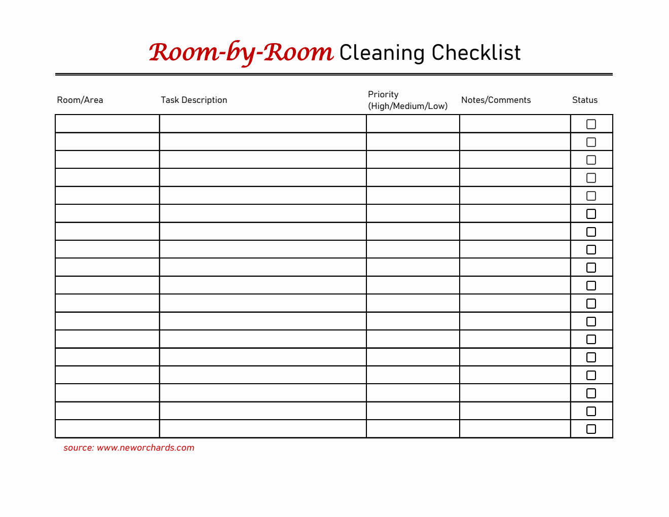 Free Excel Cleaning Checklist Template (Room-by-Room)