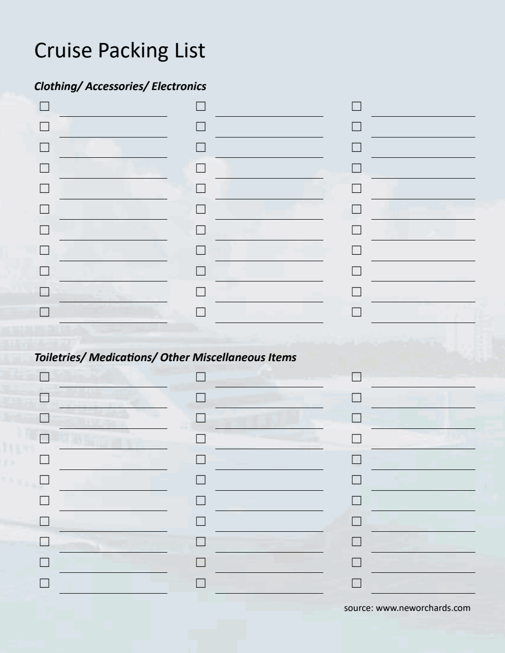 Free Cruise Packing Checklist  in Word