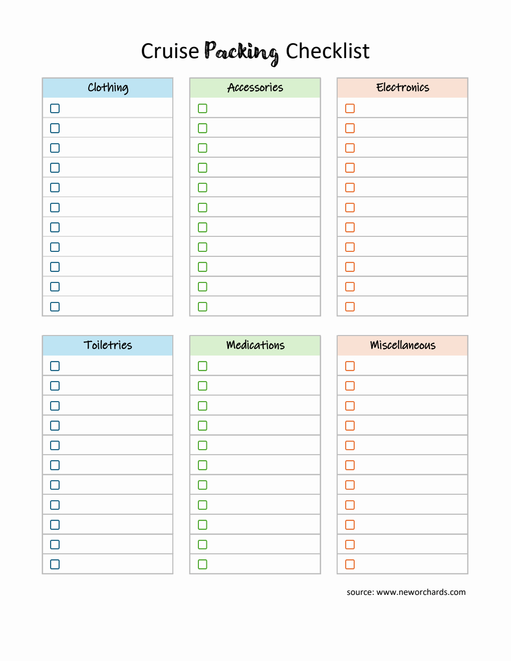 Free Cruise Packing Checklist Editable in Excel
