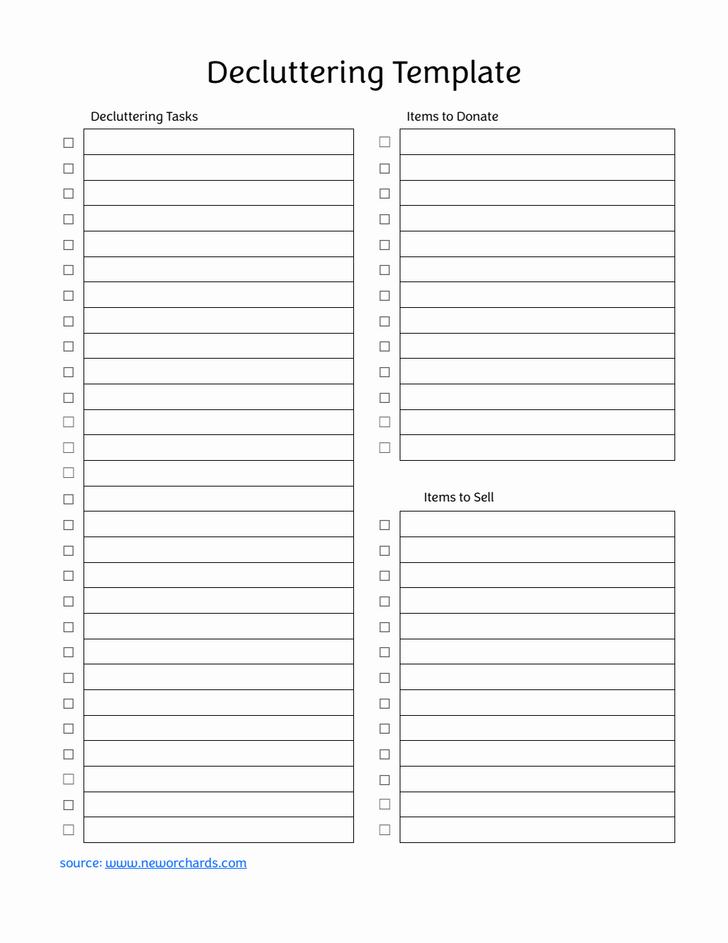 Blank Printable Decluttering Template in Word