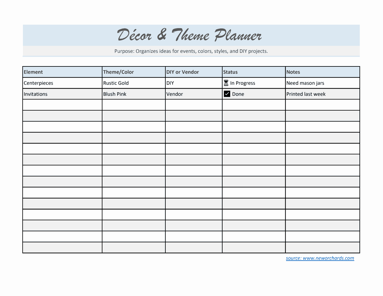 Free  Decor & Theme Planner Template (Excel)