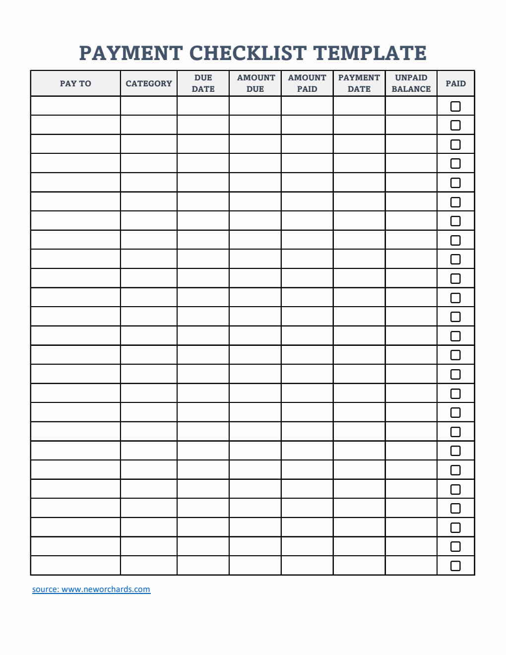 Editable Bill Pay Checklist Template Excel