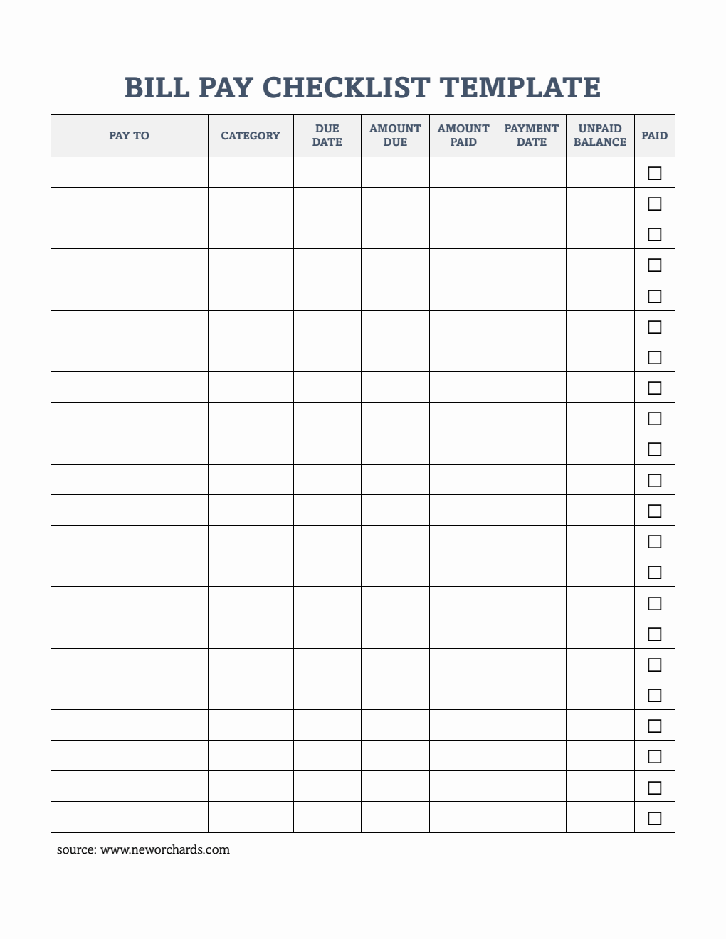 Editable Bill Pay Checklist Template Word