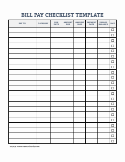 Editable Bill Pay Checklist Template Word
