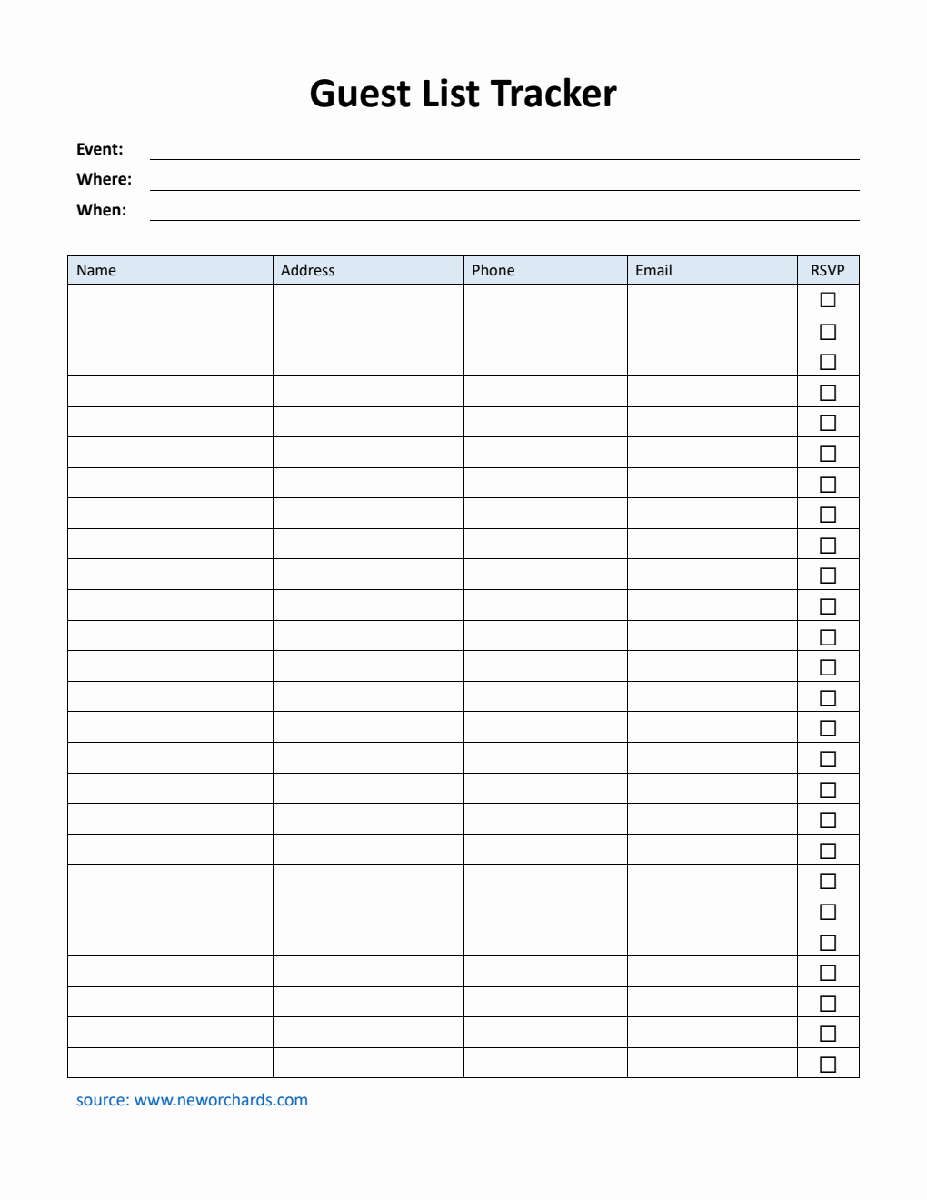 Free Simple Event Guest List Template (Word)