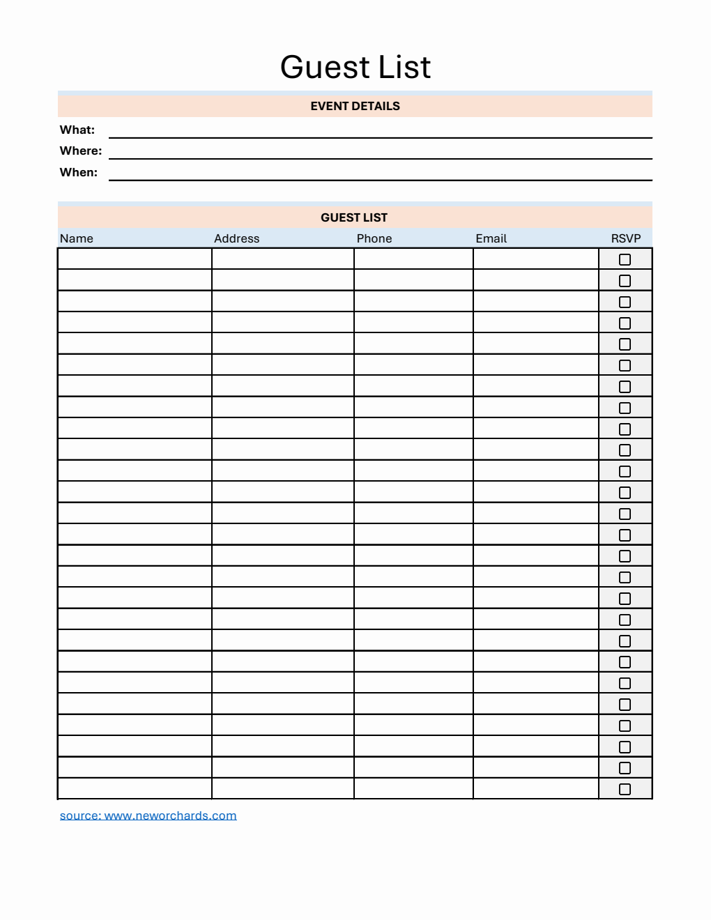 Free  Event Guest List Template (Excel)