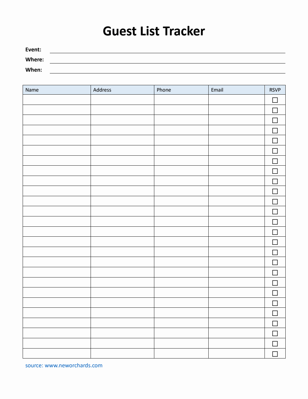 Free Simple Event Guest List Template (PDF)