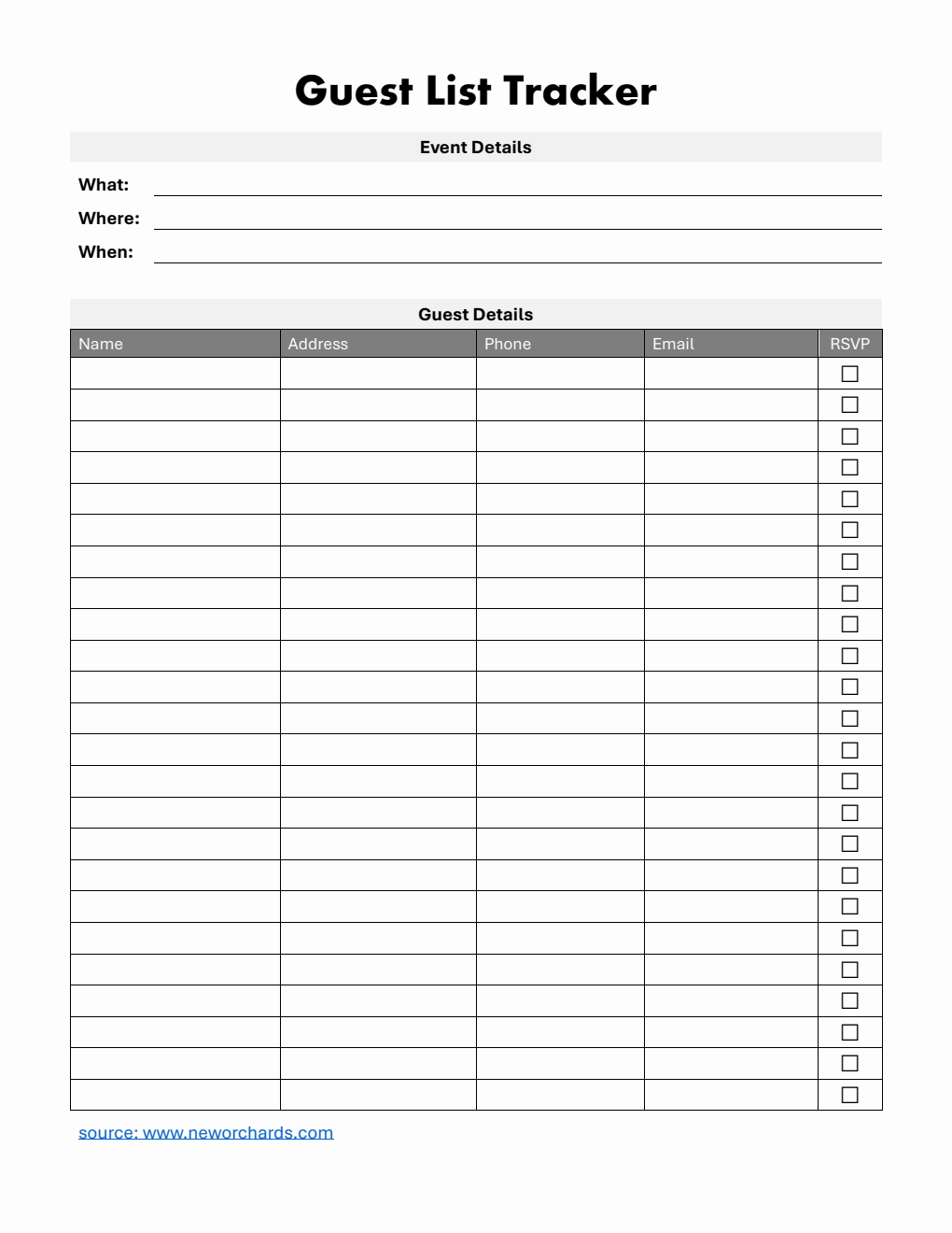 Free Downloadable Event Guest List Template (PDF)