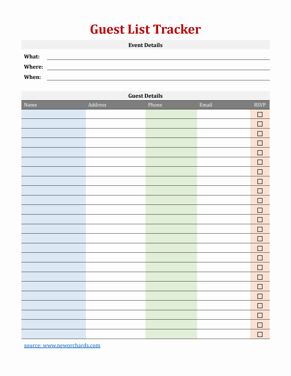 Free Basic Event Guest List Template (Word)