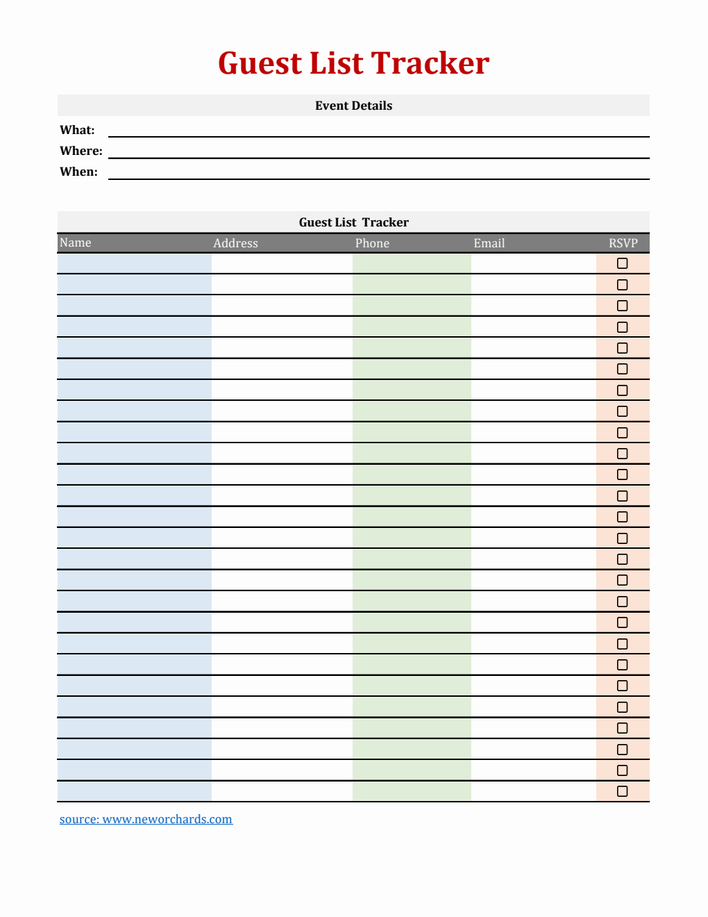 Free Basic Event Guest List Template (Excel)