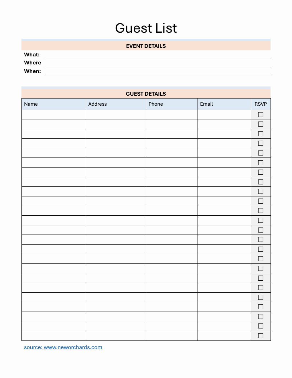 Free  Event Guest List Template (PDF)