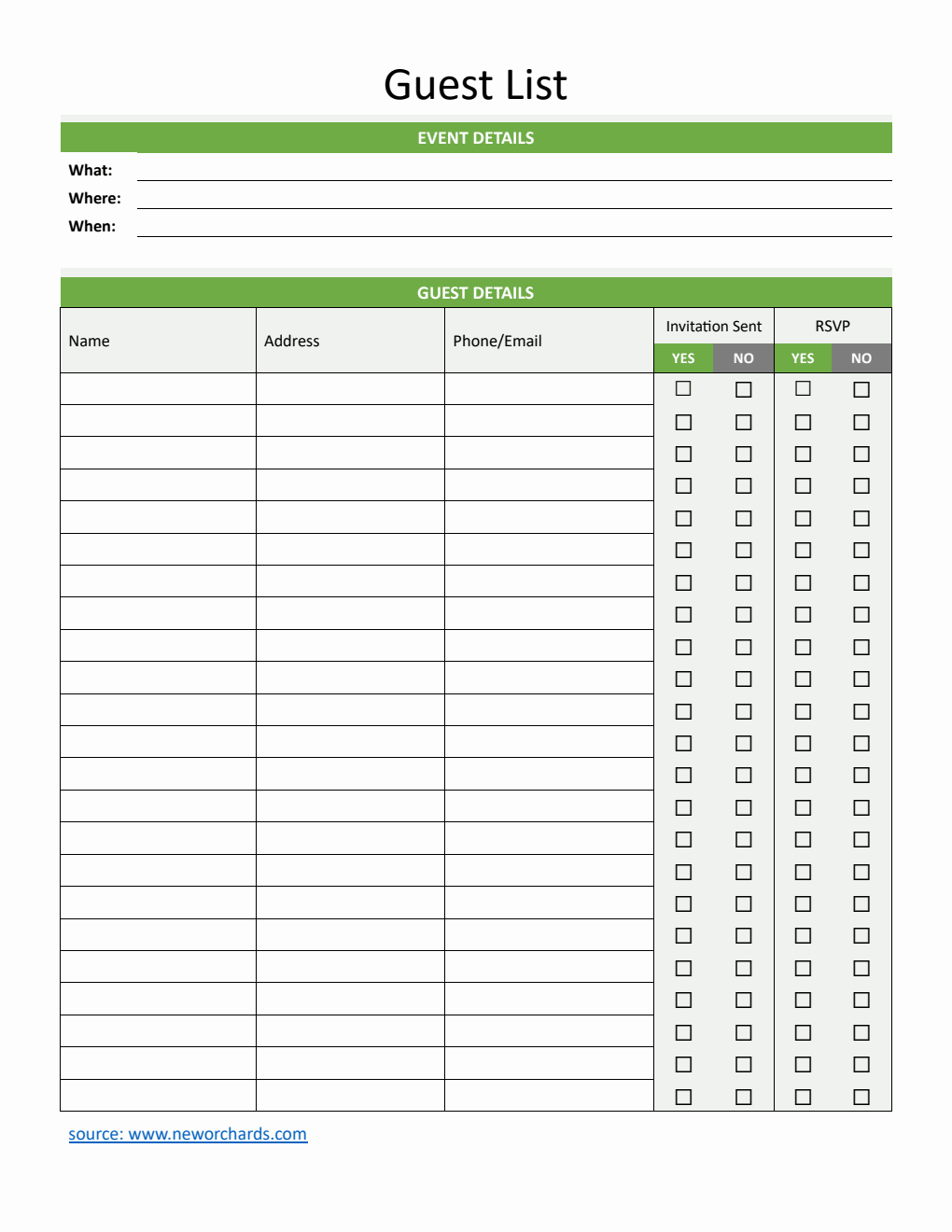 Customizable Event Guest List Tracker | Free Word Template Download