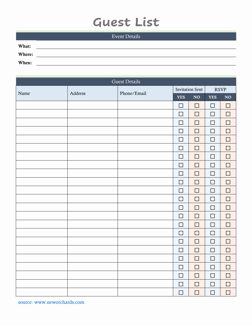 Editable Event Guest List Tracker | Free PDF Template Download